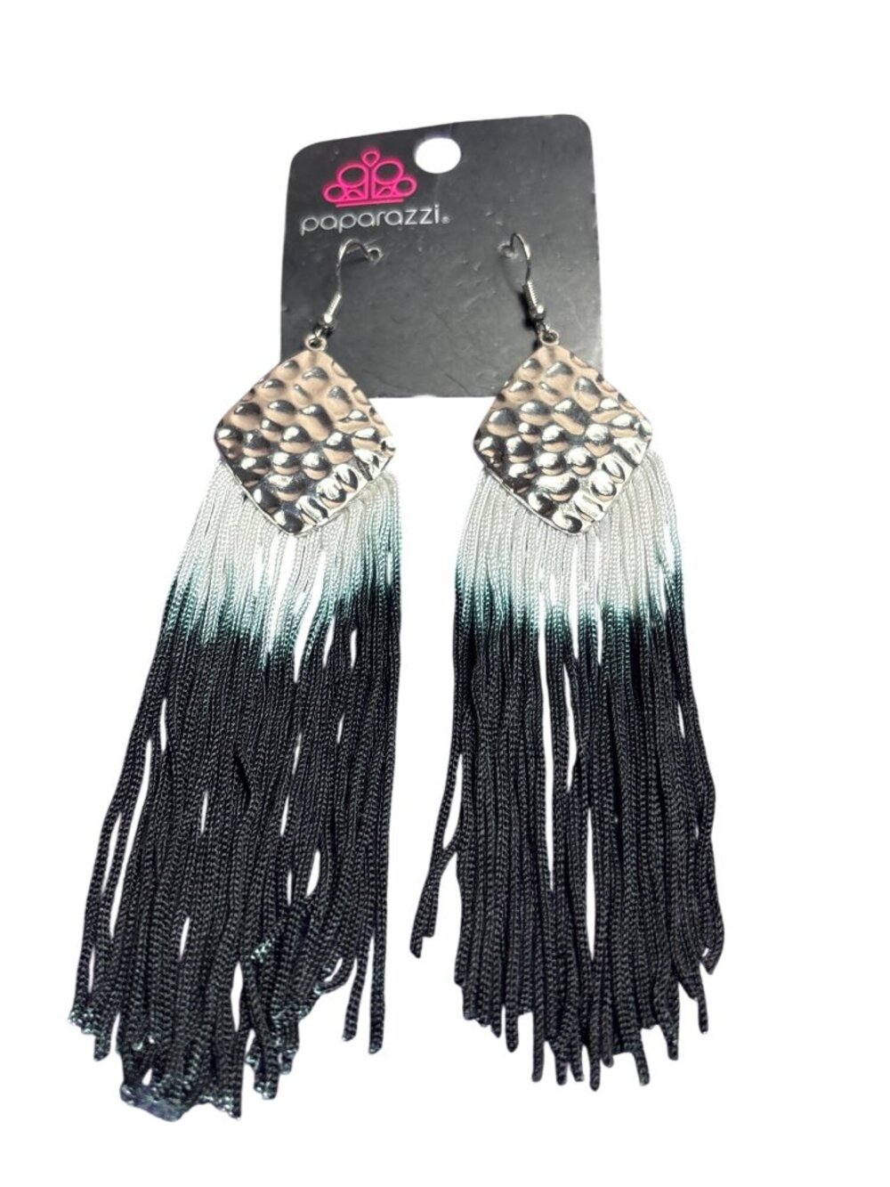 Paparazzi Hammered Silvertone Dangle Earrings Fringe White Blue Black 4.5 in New